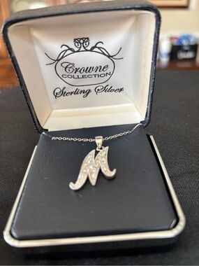 Crown Silver Pavé 'M' Initial Pendant Necklace - Silver